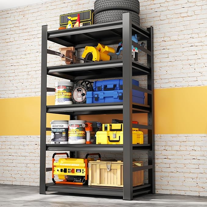 Garage Shelving Units, Heavy Duty 5-Tier Storage Shelves, Metal Adjustable Storage Rack, Steel Shelves, 2750 lbs Capacity, Industrial Shelving for Heavy Tools (Black, 16"Dx36"Wx70"H, 5-tier)