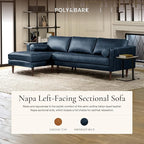 Poly & BARK Napa 104.5" Left-Facing Sectional Sofa – Midnight Blue Full-Grain Pure-Aniline Italian Leather, Feather-Down Cushions, Kiln-Dried Solid Wood Frame, Walnut Legs