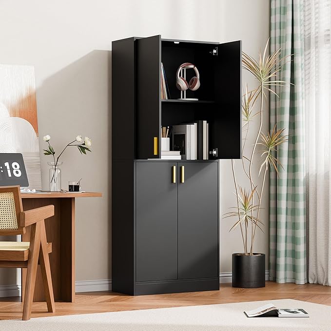 Cozy Castle Kitchen Pantry Cabinet, 71" Tall Wood Storage Cabinet with Doors and Shelves 4 Doors Freestanding Cupboard for Dining Room Living Room Bathroom Furniture, Black