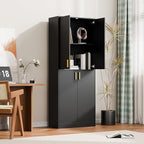 Cozy Castle Kitchen Pantry Cabinet, 71" Tall Wood Storage Cabinet with Doors and Shelves 4 Doors Freestanding Cupboard for Dining Room Living Room Bathroom Furniture, Black