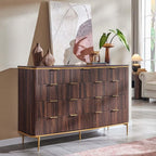 T4TREAM Fluted 9 Drawers Dresser, Modern Wooden Top Chest of Drawers with Curved Profile Design, Dresser TV Stand Drawer Organizers for Bedroom, Living Room, Hallway(Dark Walnut)