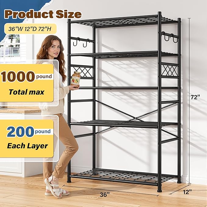 Storage Shelves 5-Tier Large Capacity Metal Shelving with Hooks, Heavy Duty Garage Shelving Unit with Leveling Feet, Stable Metal Shelves for Pantry, Kitchen and Closet, 72" H x 36" W x 12" D, Black