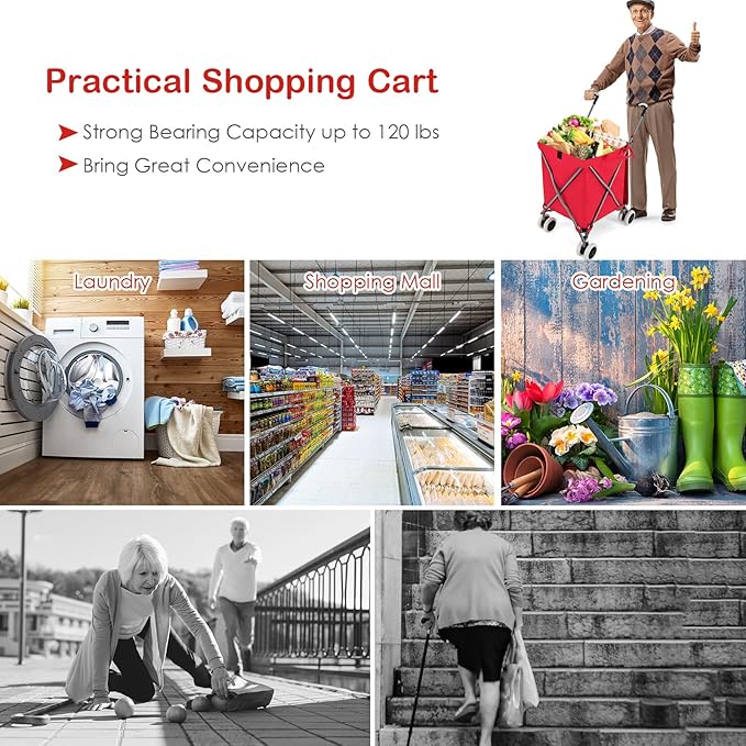 Goplus Folding Shopping Cart with Wheels, Grocery Cart with Removable Oxford Cloth Liner, Lightweight Utility Cart for Groceries Laundry, Red