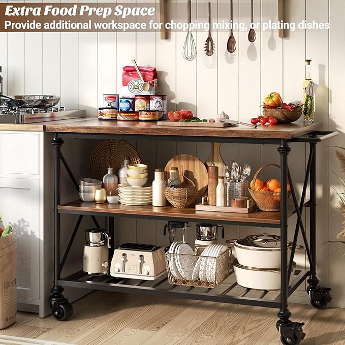Homieasy Kitchen Island Cart with Wheels, 3-Tier Wood and Metal Rolling Kitchen Island Table with Pipe Legs, Storage Shelves & Lockable Casters for Kitchen Dining Room, Rustic Brown