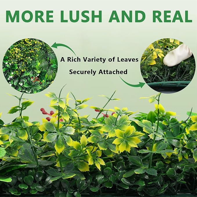 Artificial Grass Wall Panels, 20''x20'' 16pcs Boxwood Wall Panels with Tropical Leaves, Faux Greenery Privacy Fence Screen, Grass Backdrop for Outdoor Indoor Garden Birthday Wedding Decor