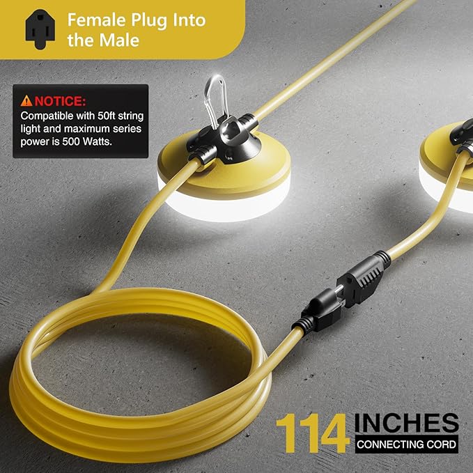 LED Construction String Lights 100FT, 3 Prong, 10000 LM, 5000K LED String Work Lights, 100W Temporary Lighting for Job Site Outdoor Indoor, IP65 Waterproof Temporary Construction Lights, ETL Listed