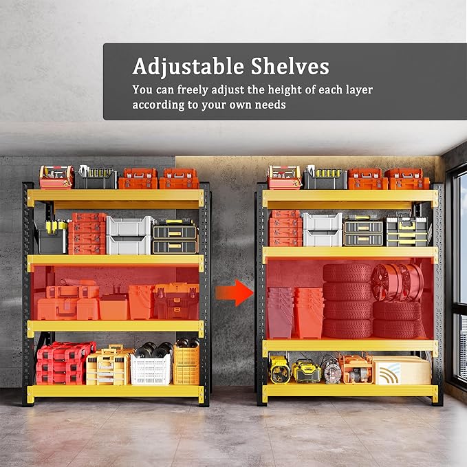 4000LBS Garage Shelving 48" W Garage Shelving Heavy Duty 4-Tier Metal Storage Shelves Adjustable Shelf Unit Storage Rack for Basement Supermarket Warehouse 48" W x 20" D x 78" H Yellow