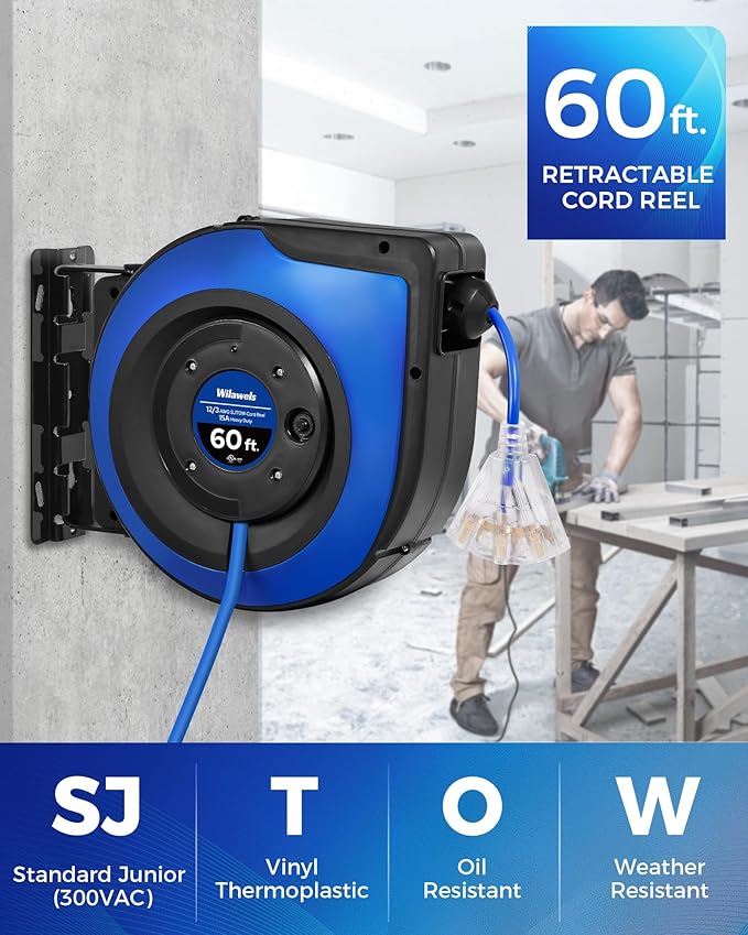Retractable Cord Reel, 60 FT Heavy Duty Extension Cord, 12AWG/3C SJTOW, 3 Grounded Outlets Lighted Triple Tap, 15A Circuit Breaker, Wall/Ceiling Mounted, UL Listed, Blue U60CR06