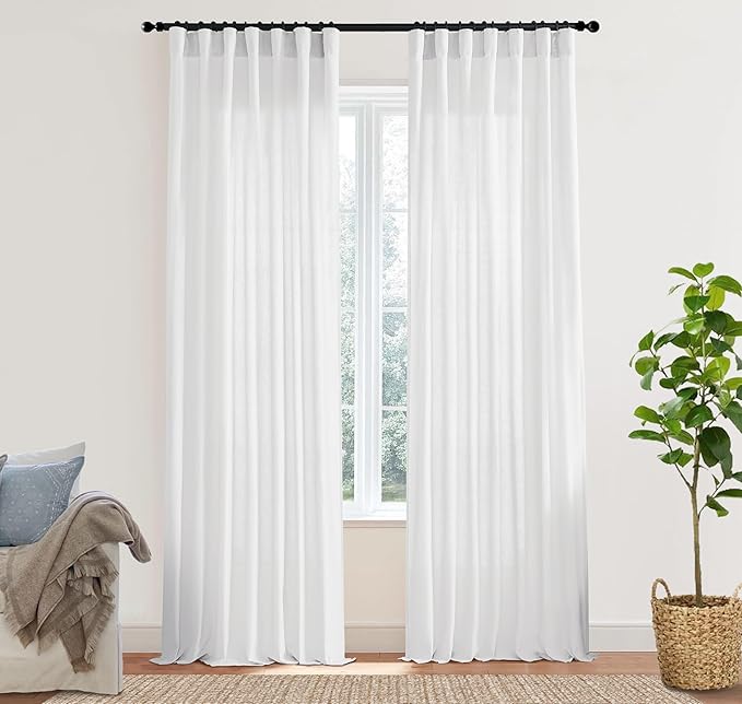 XTMYI White Curtains 84 Inches Long,Linen Semi Sheer Boho Light Filtering Textured Farmhouse Cotton Curtains for Bedroom Living Room 2 Panels Set,Back Tab Hooks Pleated