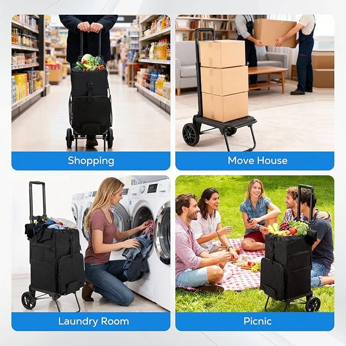 Housolution Foldable Shopping Cart for Groceries, 300LBS Collapsible Portable Grocery Carts on Wheels, 2 in 1 Rolling Hand Truck with Detachable Bag, Folding Utility Cart for Shopping and Travel