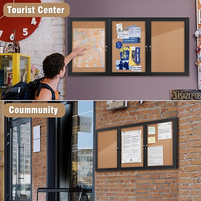 Mifuro 70"x34" Enclosed Bulletin Board, Outdoor Lockable Weather-Resistant Aluminum Cork Noticeboard for School & Office, Black Frame w/Cork