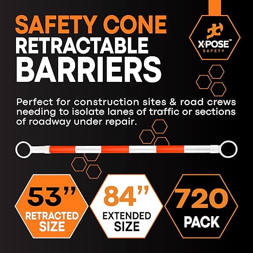 Retractable Barrier for Safety Traffic Cones - 2" OD - Large Yellow and Black Bar Barricade - for Road Construction, Parking, Warning, Temporary Security Divider (720, Orange & White, 53" x 84")