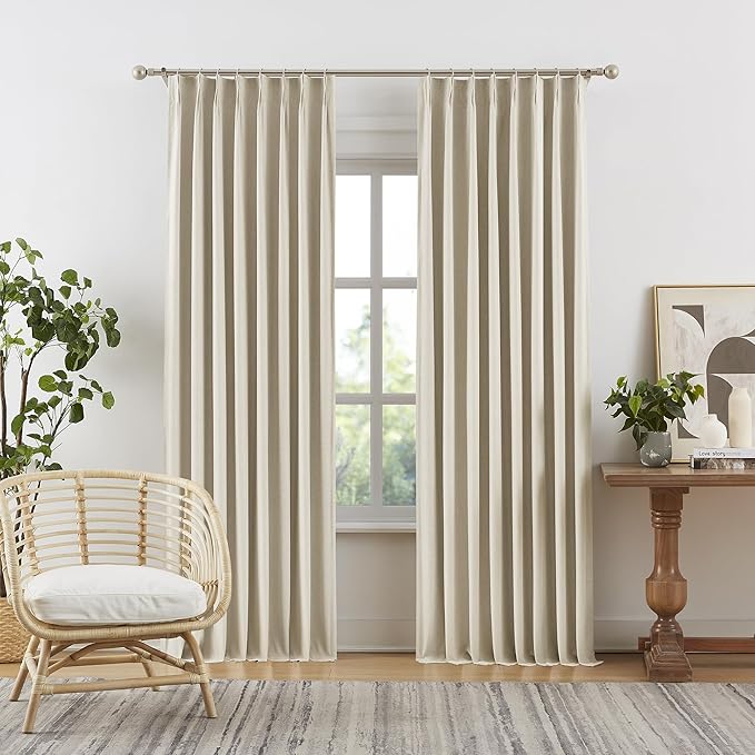 DUALIFE Blackout Pinch Pleated Curtains for Bedroom 92 Inch Length, Linen Blended Farmhouse 100% Blackout Thermal Insulated Back Tab Drapes with Hooks for Track System 2 Panels-Natural, W50xL92