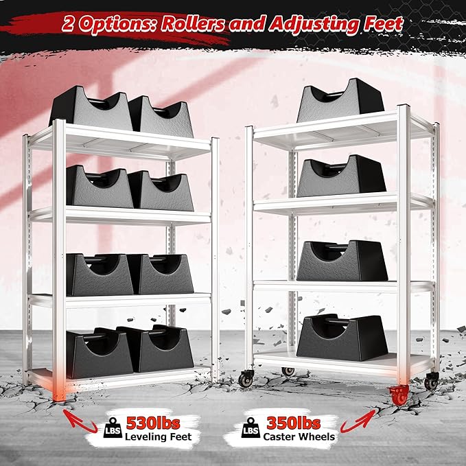 REIBII 4 Tier Storage Shelves with Wheels, 530LBS Pantry Shelves, Adjustable Metal Shelving Unit for Pantry, Kitchen, Living Room, Laundry, Home Office, 59.8" H x 31.5" W x 16.5" D, White