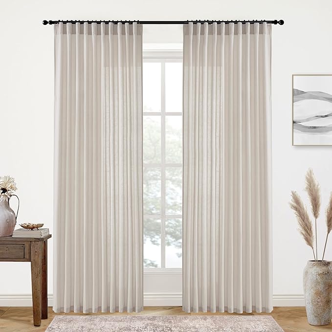 XTMYI 90 Inches Long Oatmeal Country Curtains for Living Room,Sheer Linen Shabby Chic Curtains for Bedroom 70 Inches Wide