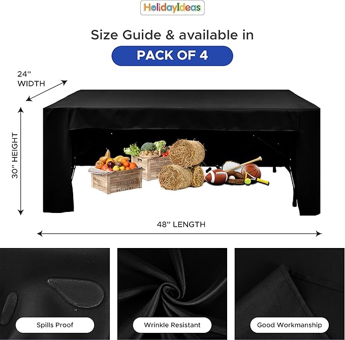 HolidayIdeas Open Back Rectangle Black Table Covers for 4 Foot Table, Wrinkle Resistant Washable Tablecloths 24x48 Inch for Craft Fairs, Banquets, Trade Show Display, 4 Pcs