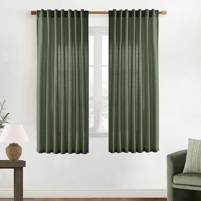 XTMYI Olive Green Curtains 63 Inch Length for Living Room 2 Panels Set Back Tab Hooks Pleated Linen Blend Light Filtering Semi Sheer Curtain Drapes for Dining Room Bedroom Kitchen Bathroom Boho Decor