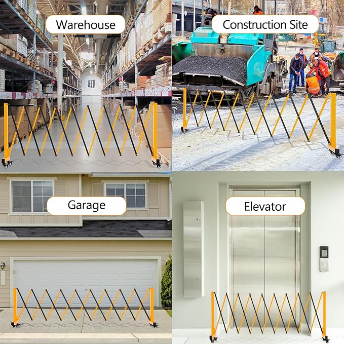 11.5FT Expandable Barricade Gate, Expandable Metal Barricade Gate Alloy Fence with Wheels, Retractable Crowd Control, for Industrial or Residential Use (Yellow, 11.5FT)