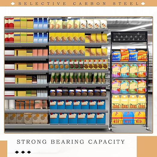 1 Set Retail Display Rack Shelf Cart with Wheels and Hook Heavy-Duty Metal Snack Potato Chip Display Organizer Concession Stand for Supermarket Grocery Store Home Black (5 Tier 15 Hooks)