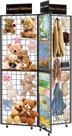 360° Foldable Grid Wall Panel, Three 6' x 4.25' Ft Double Side Gridwall Display Stand with Notice board, Heavy Duty Sturdy Floorstanding Wire Grid Rack, Movable Wheel for Retail Art Craft Fairs