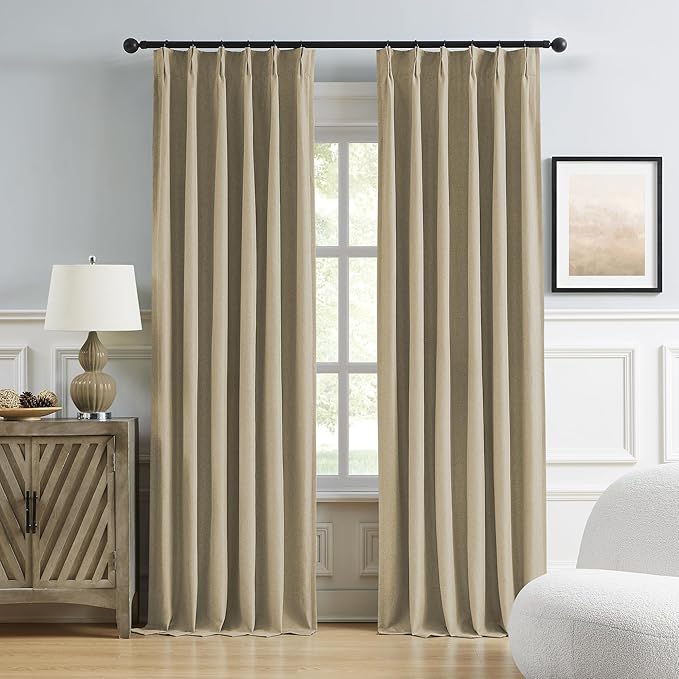 DUALIFE Taupe Blackout Curtains for Bedroom 90 Inch Length, Linen Pencil Pleat Farmhouse Traverse 100% Black Out Heat & Cold Back Tab Drapes with Hooks for Track System Sliding Door 2 Panels