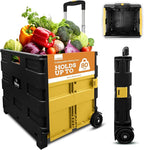 Inspired Living Ultra-Slim Rolling Collapsible Storage Pack-N-Roll Utility-carts, with Telescopic Handle, for Home, Garden, Shopping, Office, School use, Large, Yellow & Black