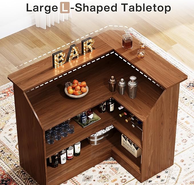 Tribesigns Bar Cabinet, L-Shaped Home Bar Table with Stemware Racks, 4-Tier Corner Bar Unit Liquor Wine Bar Table Reception Desk for Home Pub, Red Brown