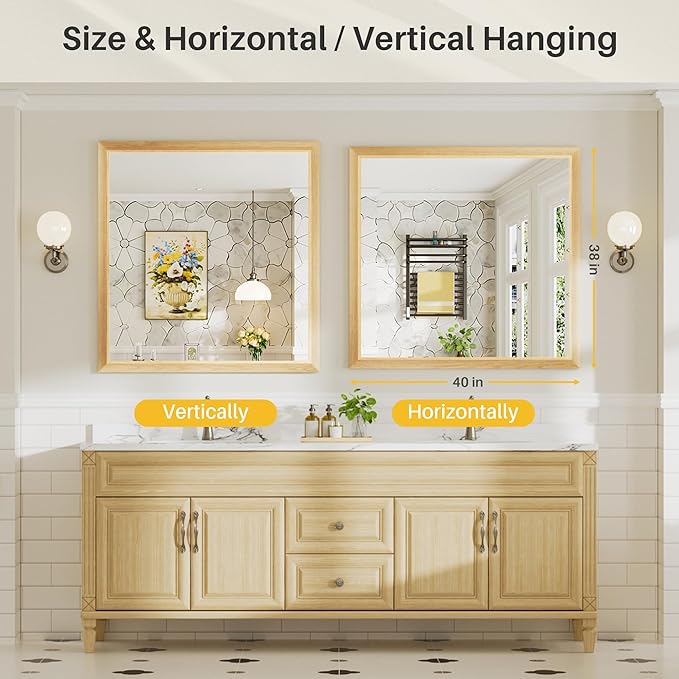 40x38 Inch Bathroom Mirror for Wall, Anti-Rust Oak Wood Grain Metal Framed Bathroom Mirrors for Over Sink,Rectangler Mirrors for Bathroom Vanity, Farmhouse, Bedroom, Living Room, Entryway Decor