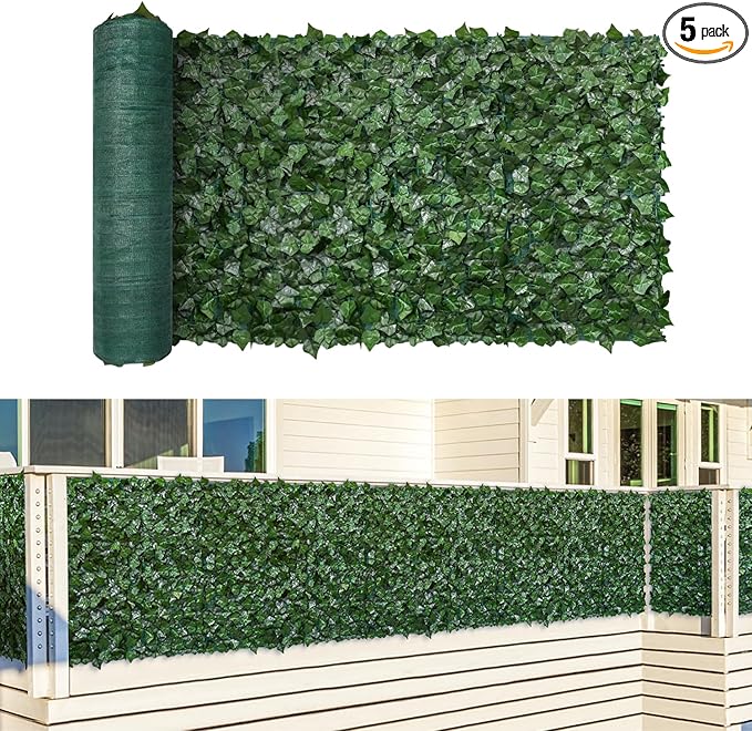 TANG 4'x14'FT Faux Ivy Privacy Fence Screen Roll- 5Pcs Artificial Leaf Fences Greenery with 130 GSM Mesh Panel,Outdoor Green Wall Chain Link Fence Covering for Balcony Backyard Patio, Ivy