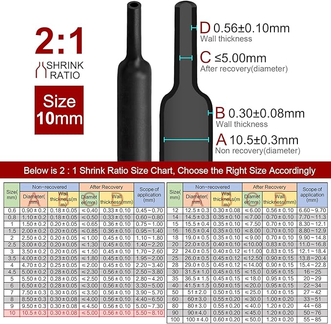 Chanzon 2:1 Ratio 3/8" (10mm) Heat Shrink Tubing 3.3Ft Roll (1M Total Length) Black Polyolefin Sleeving Wrap Shrinking 2 to 1 1pcs