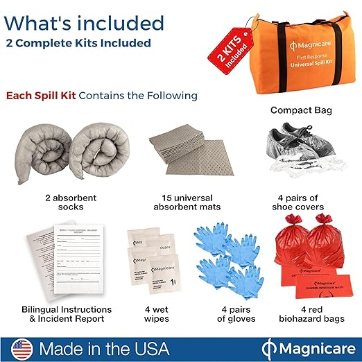 Universal Spill Kit OSHA Approved| 2 Pack - Biohazard Clean up Kit for Oil, Water & Chemicals | Absorbent Pads, Socks, PPE, Biohazard Bags in Bright Orange Duffel Bag - 2 Pack