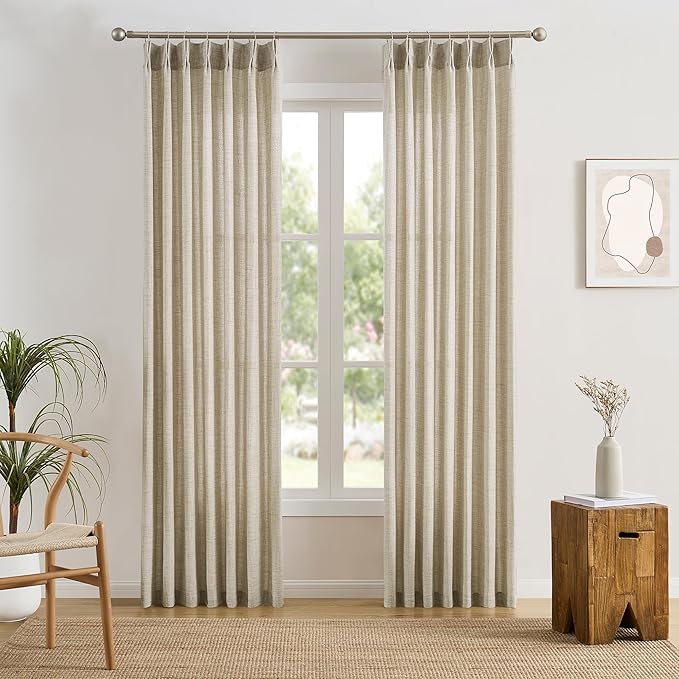RAIN CITY Beige Sheer Curtains 144 Inches Long with Pinch Pleat,Memory Trained Pleated Drapes Textured Extra Long High Ceiling Tall 12 ft Curtain for Living Room 42 Inch Wide Each Panel Back Tab