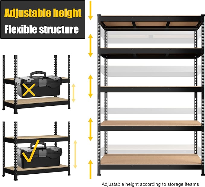 PrimeZone 47" W x 23.6" D x 71" H Large Heavy Duty Storage Shelves - 2 Pack 5 Tier Adjustable Garage Storage Shelving, Metal Storage Utility Rack Shelf Unit for Warehouse Pantry Closet Kitchen, Black