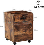 File Cabinet with Lock and Drawer, Mobile Under Desk Storage Cabinet with 360° Swivel Wheels, Wooden Filing Cabinet File Organizer for Legal/Letter/A4 Documents, Home Office Filing Cart (Brown)
