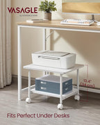 VASAGLE Heavy-Duty Printer Stand with Locking Wheels, 2-Tier Industrial Mobile Cart with Storage Shelf, Under Desk Printer Table for Home, Office, 13.4" Height, White UOPS002W01