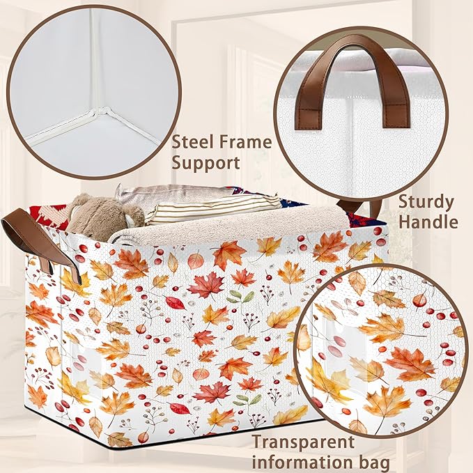 Colored Maple Berries Storage Basket Large 17x11.5x10.5 Inches - Collapsible Fabric Organizer Bin with Handles for Nursery,Laundry,Closet - Foldable Decorative Hamper with Floral Pattern - Single Pack