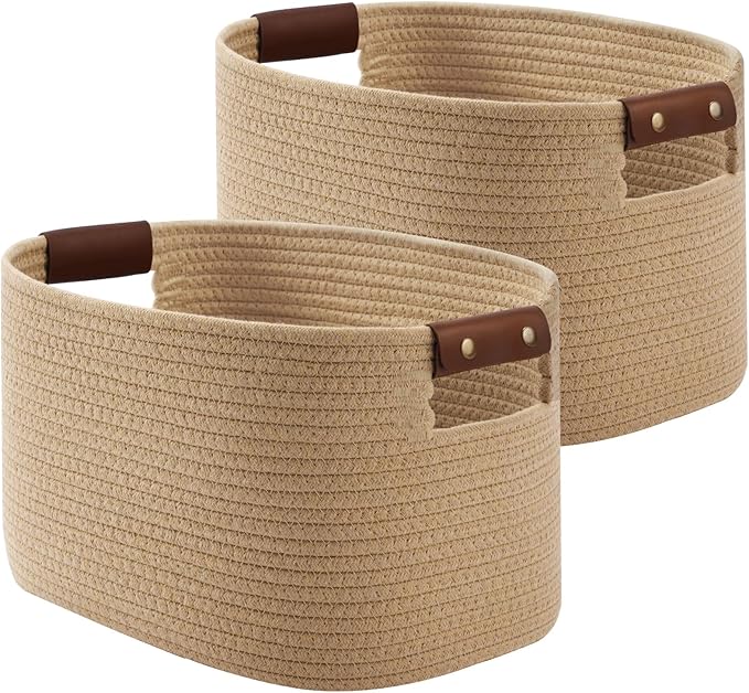 Cotton Rope Basket, Storage Baskets with Handle, 15x10x9 Inch Woven Basket for Shelves, Laundry, Towels, Clothes, Books (Jute/Brown 2Pack)