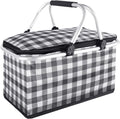 Insulated Picnic Basket,Collapsible Cooler Bag,32L Grocery Basket with Lid,2 Sturdy Handles,Storage Basket for Picnic,Food Delivery,Take Outs,Market Shopping,Travel (Black Grid)