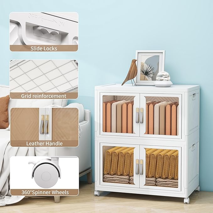 Large Clear Stackable Storage Bins with Lids, 199QT-99.5QT*2Tier Foldable Cabinet for Closet Organizers, Plastic Storage Box with Wheels White