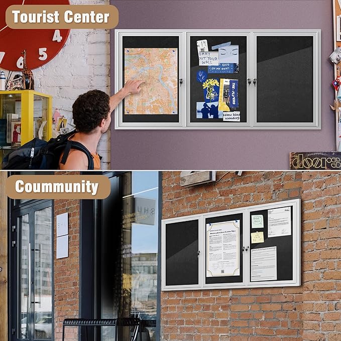 Mifuro 70"x34" Enclosed Bulletin Board, Outdoor Lockable Weather-Resistant Aluminum Cork Noticeboard for School & Office, Silver Frame w/Black Flet