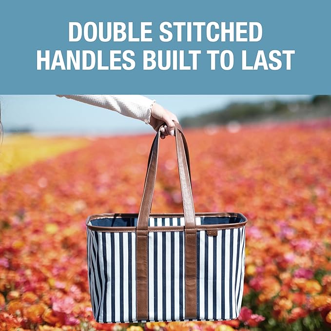 CleverMade Collapsible LUXE Tote - Navy Striped 1 Pack 30L / 8 Gal - Reusable Grocery Shopping Storage Bag Organizer w/ Handles Reinforced Bottom