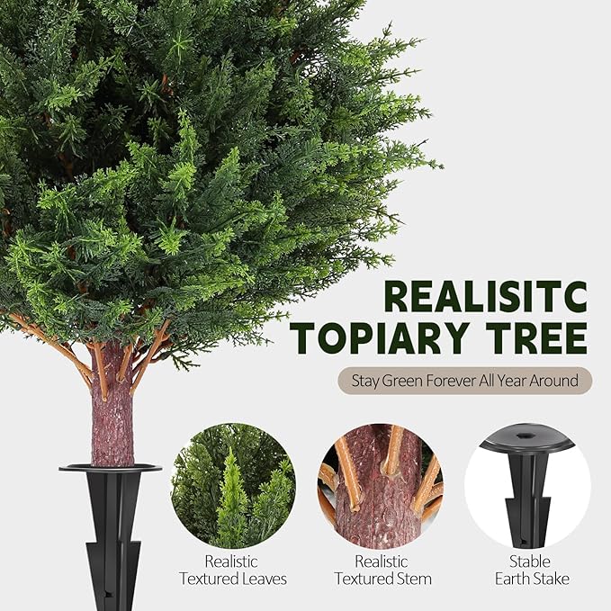 LadyRosian Artificial Cypress Topiary Tree, 25 Inch 2 Set Outdoor Faux Cypress Bush Plants,Indoor Ball Trees with Ground Spike, Fake Potted for Home Front Porch Decor Outside Garden