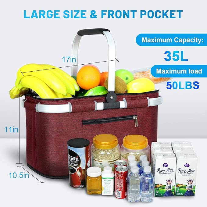 LIQING 35L Large Picnic Basket 2 Layers of Internal Pockets Leak-Proof and Insulated ，Folding with Internal Support for enhansed Stability, Wedding Gifts for Couple(Wine red)