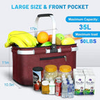 LIQING 35L Large Picnic Basket 2 Layers of Internal Pockets Leak-Proof and Insulated ，Folding with Internal Support for enhansed Stability, Wedding Gifts for Couple(Wine red)