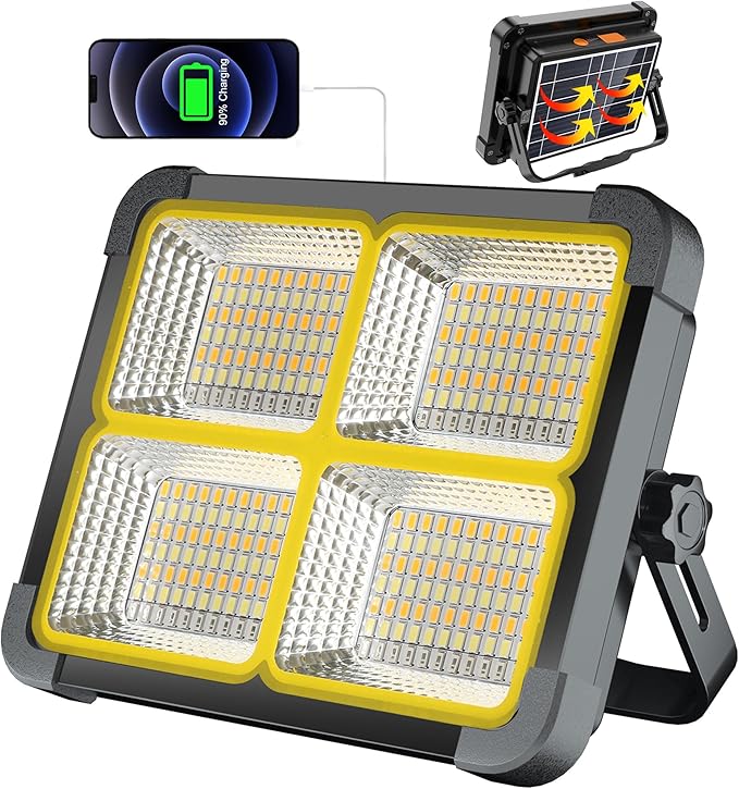 100W Rechargeable Work Light, 12000mAh Solar Work Lights, 336 LEDs Flood Light, 4 Lighting Modes& Stepless Dimming, Portable for Camping, Car Repair, Power Cut, Emergency