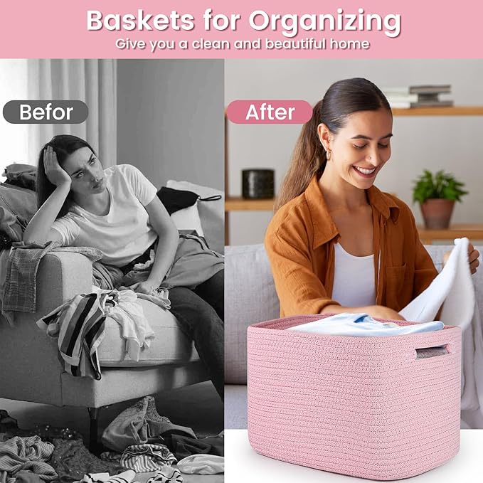 3 Pack Shelf Woven Storage Basket, 15 x 10 x 9” Closet Rope Baskets For Organizing, Square Bins with Handles, Pink
