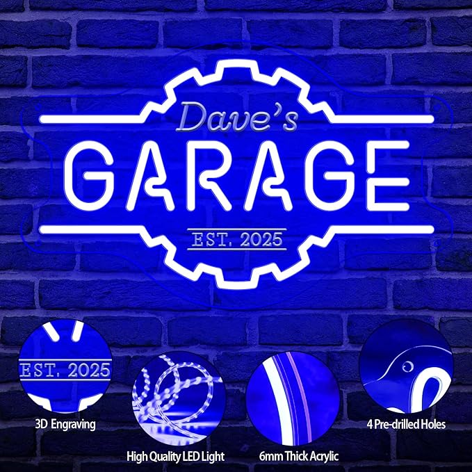 Custom Garage Neon Sign, Personalized 3D Engraved Gear Garage Name LED Sign, Customized Dimmable Neon Lights for Garage, Workshop, Carport & Man Cave Wall Decor, Gifts for Dad Father Husband Grandpa