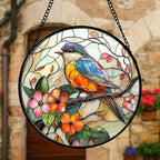 Stained Glass Window Hanging, Blue Bird Pink Flower Suncatcher Diamond Glass Panel Bird Sun Catchers Decor for Birthday for Women, Men, Wife, Aunt, and Mom 9.8 in
