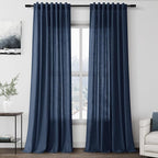 Nanspring Denim Blue Linen Curtains 90 Inch Long 2 Panels Set for Bedroom Living Room Denim Blue Linen Textured Window Drapes Semi Sheer Light Filtering Rod Pocket Back Tab Farmhouse Curtain 52x90