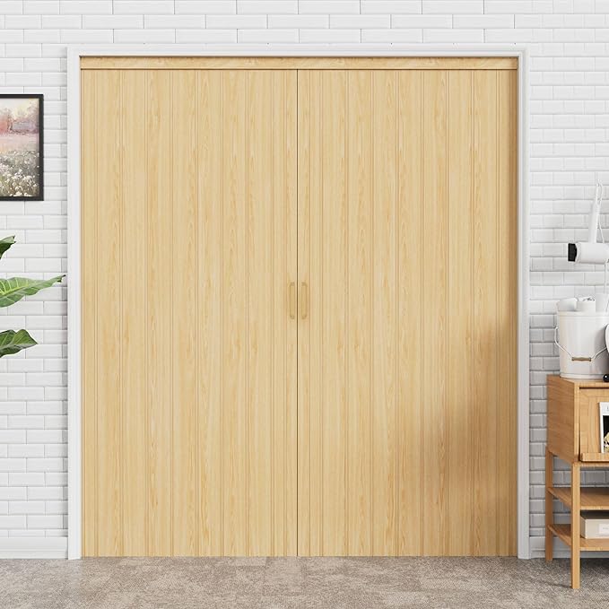 48-72 x 80in (Double 24-36) Enhanced Accordion Doors Interior Folding Door, Oak PVC Accordion Door with Upgraded Roller & Handle & Complete Hardware for Closet Bathroom Doorways, Energy Saving